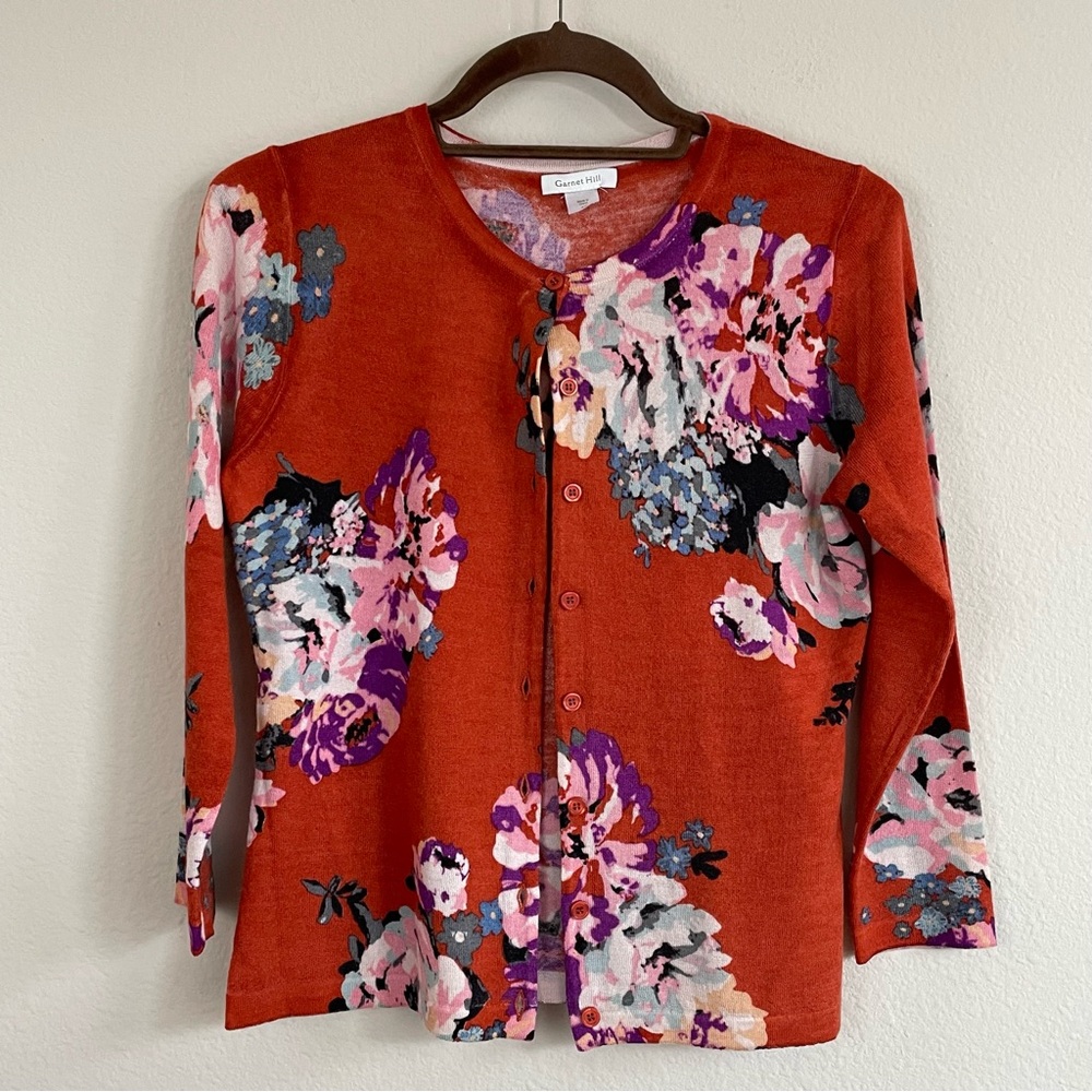 Garnet Hill‎ Merino Wool Floral Cottagecore Cardigan Sweater Size XS
